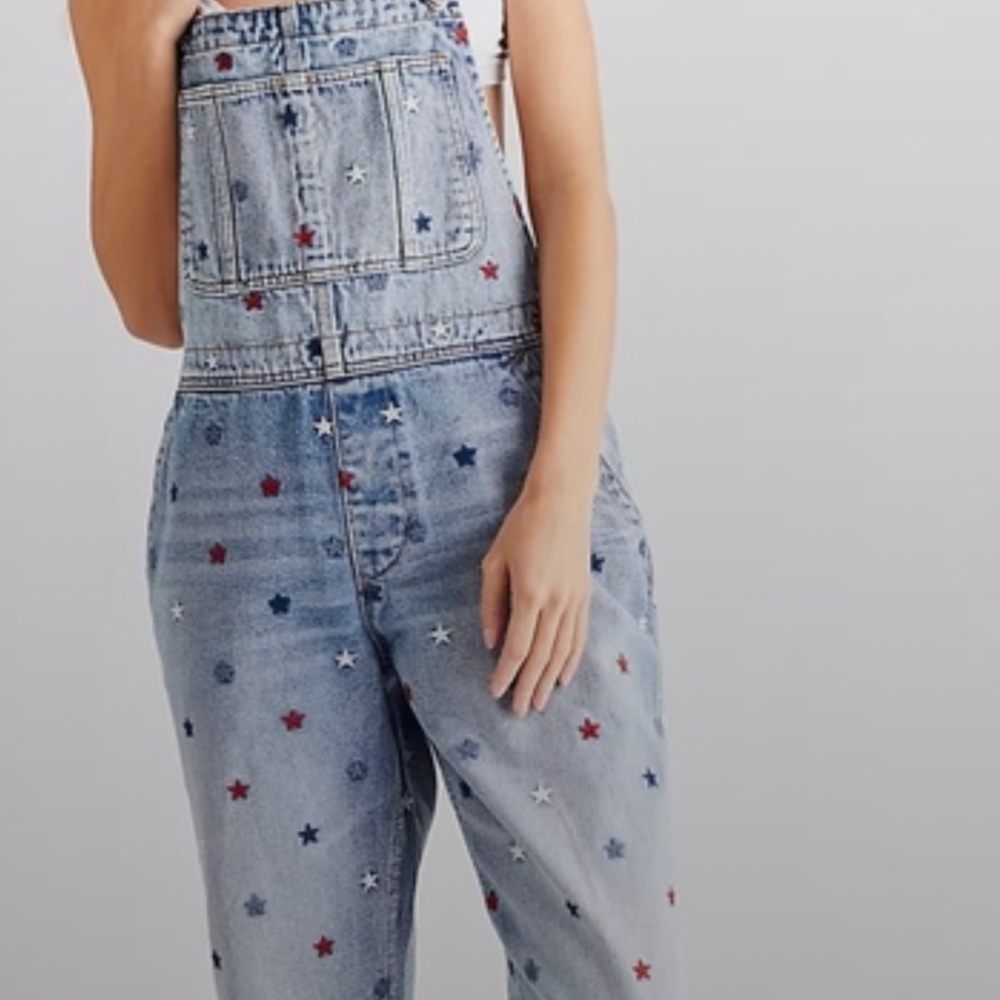 Free People Driftwood embroidered denim overalls